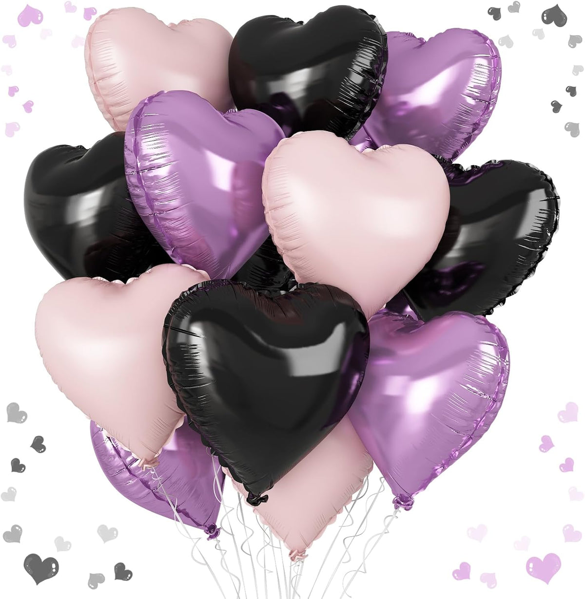 Purple Pink Black Heart Balloons, 18 Inch Baby Pink and Purple Black Heart Foil Shape Balloon