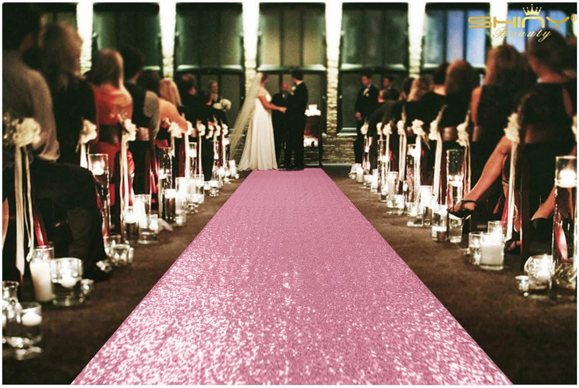 ShinyBeauty Sequin Aisle Runners 2Ft x 15Ft Pink Gold Carpet Runner for Party Glitter Runner for