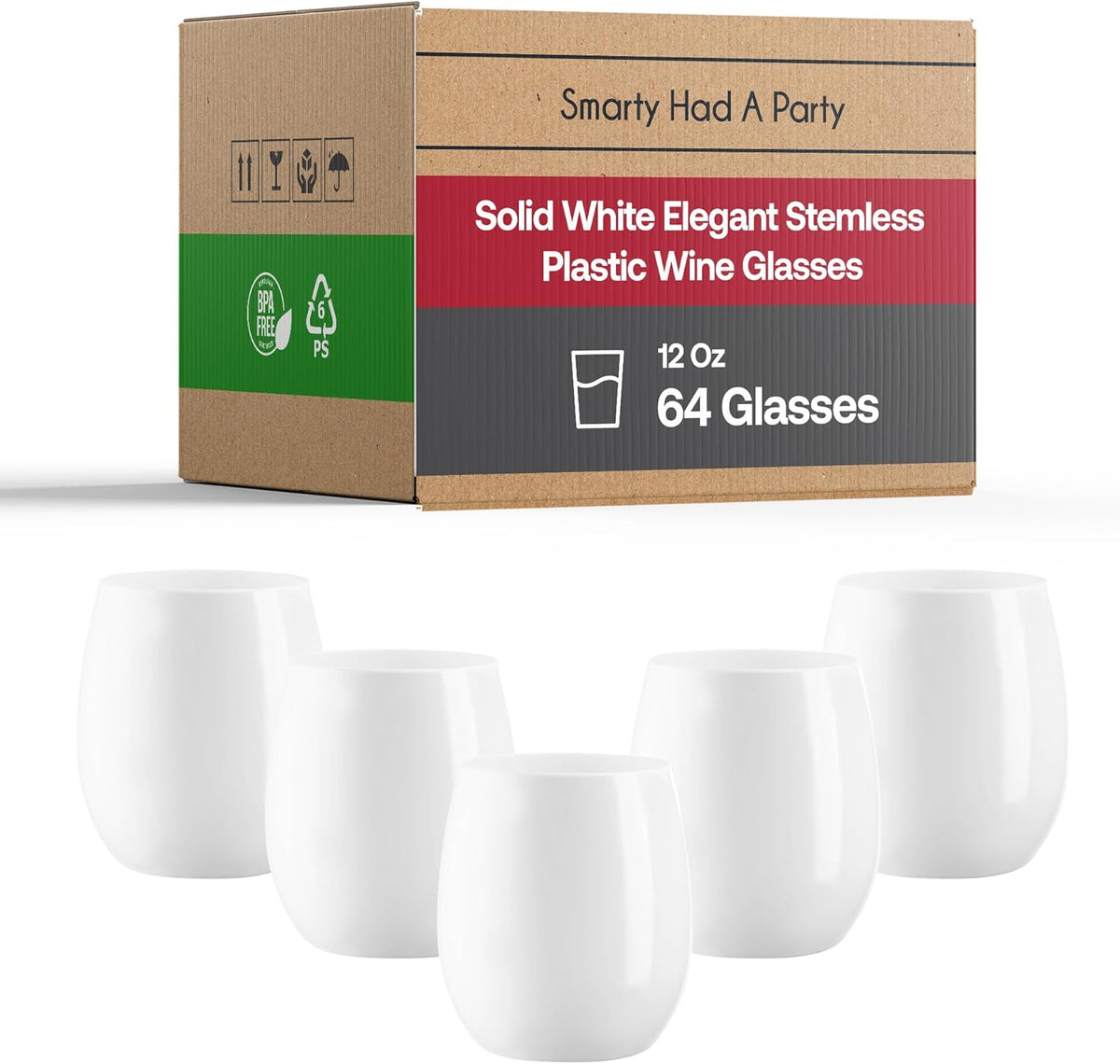 Smarty Had A Party 12 oz Wine Glasses Pack of 64 White Stemless Plastic Glasses, Unbreakable