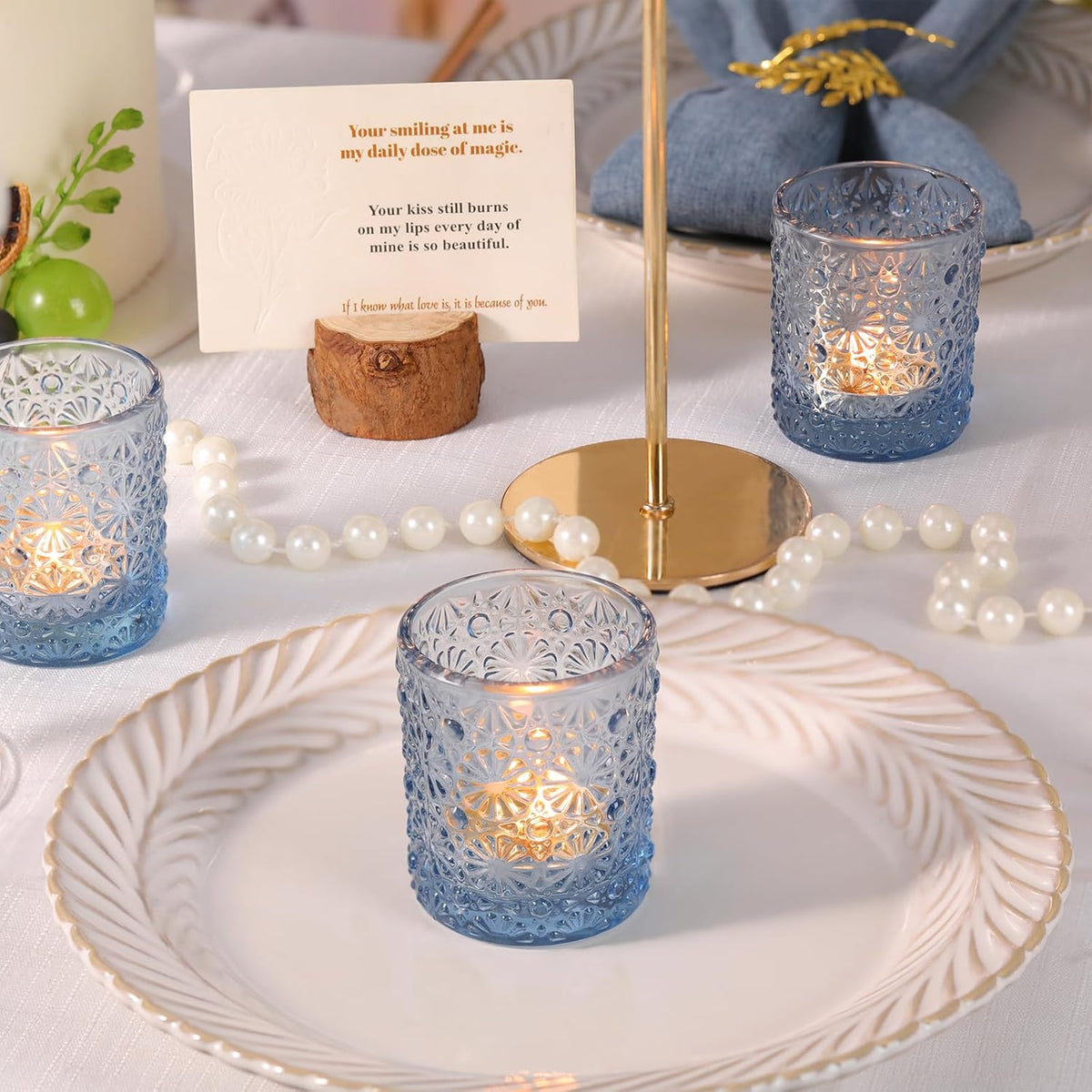 Blue Votive Candle Holder Set of 36, Flower Tea Lights Candles Holders for Wedding Table
