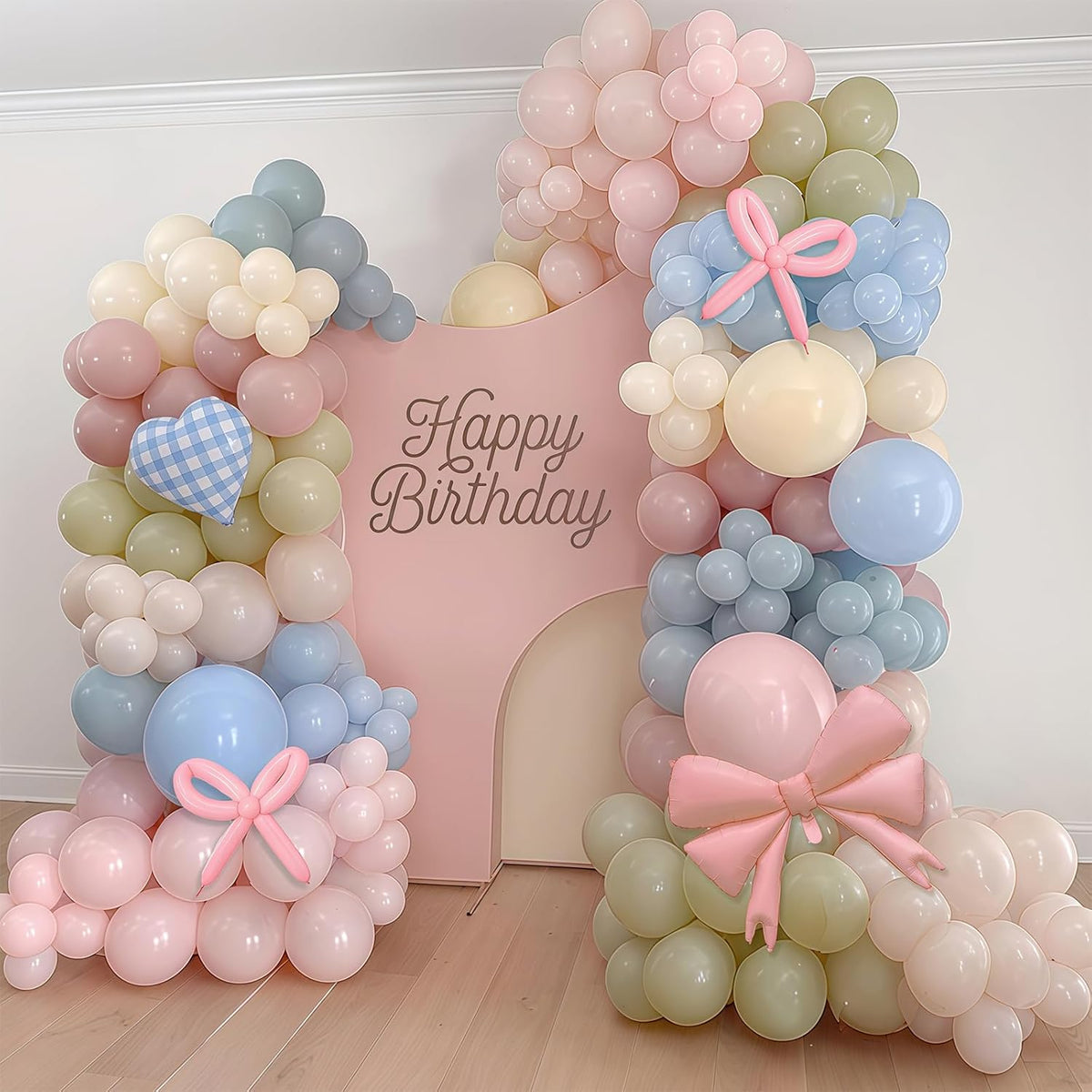 Goose Balloon Arch Kit Pastel Pink Blue Sage Green Balloons Garland with Bow Gingham Heart Foil