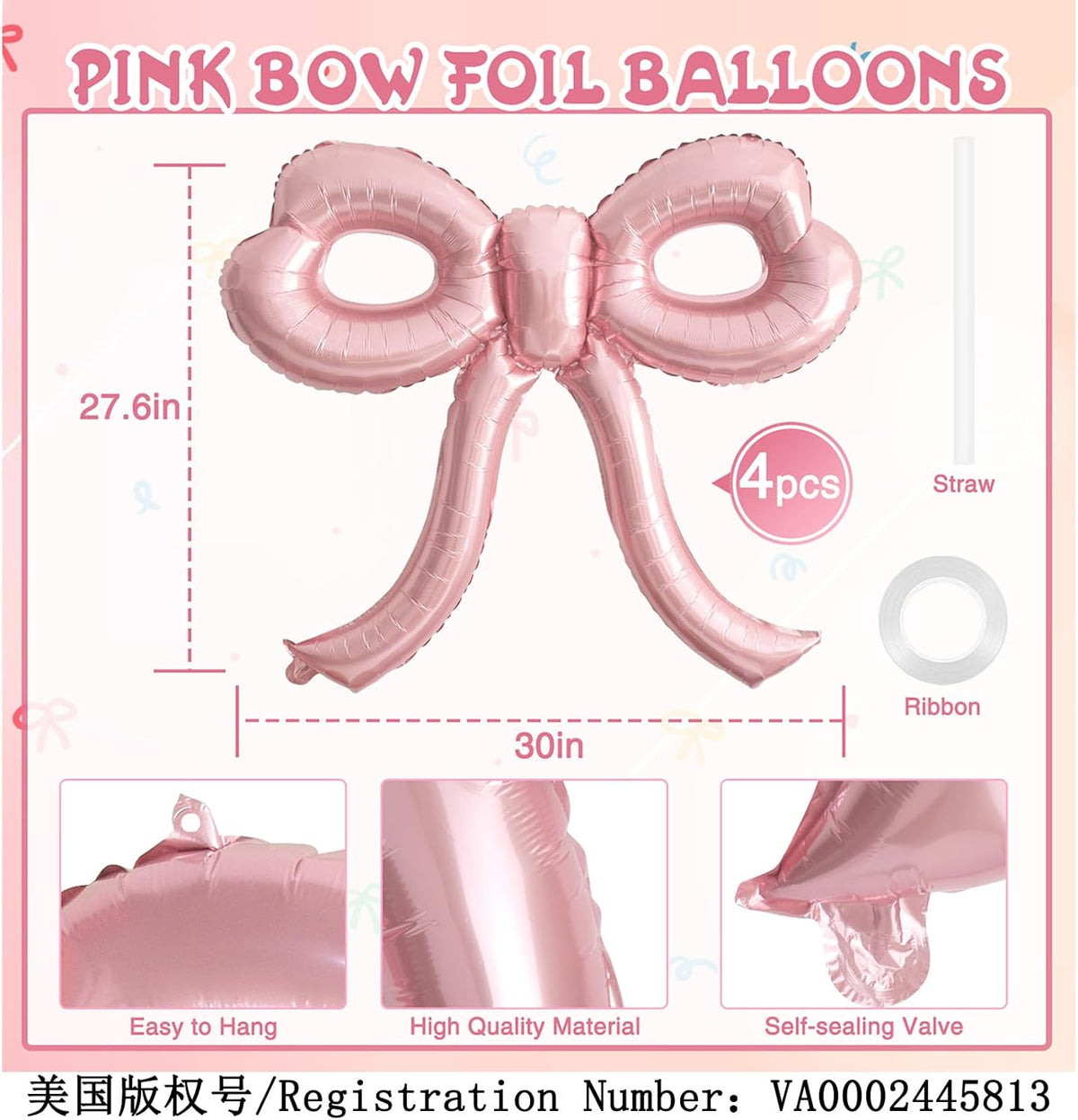 4 Pcs Pink Bow Balloons Bow Party Decorations for Girl Women Pink Bow Birthday Decorations Giant