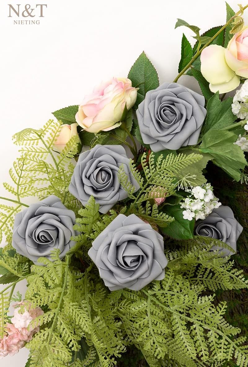 N&T NIETING Artificial Rose, 50pcs Gray Fake Foam Flowers with Stems for Wedding Party Baby Shower