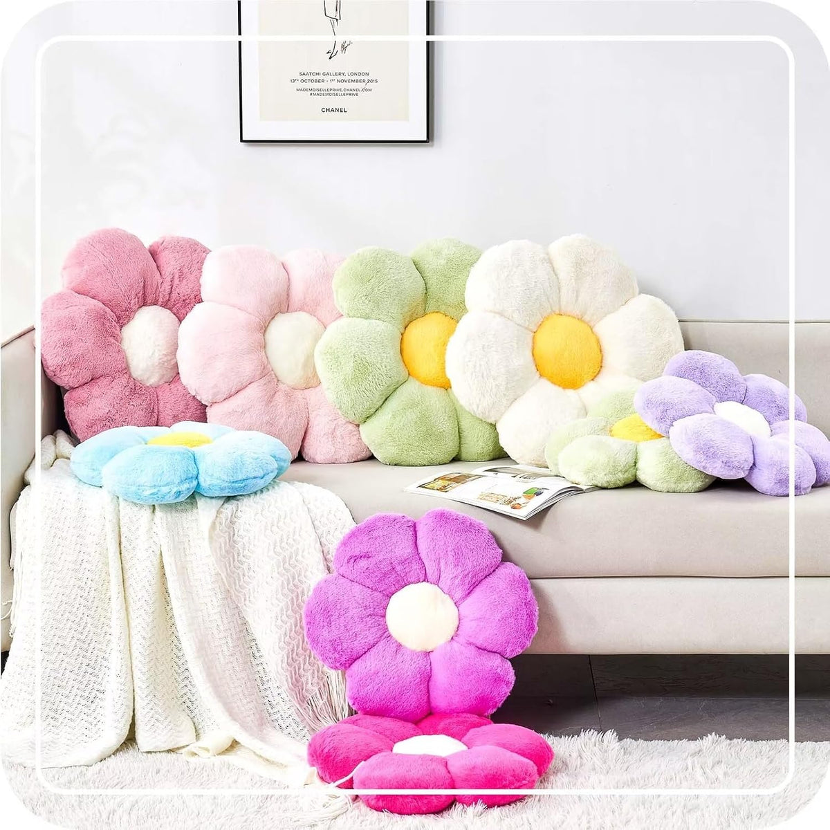 Pink Flower Pillow, Cute Decorative Flower Shaped Throw Pillow with Faux Rabbit Fur, 14.9" Soft