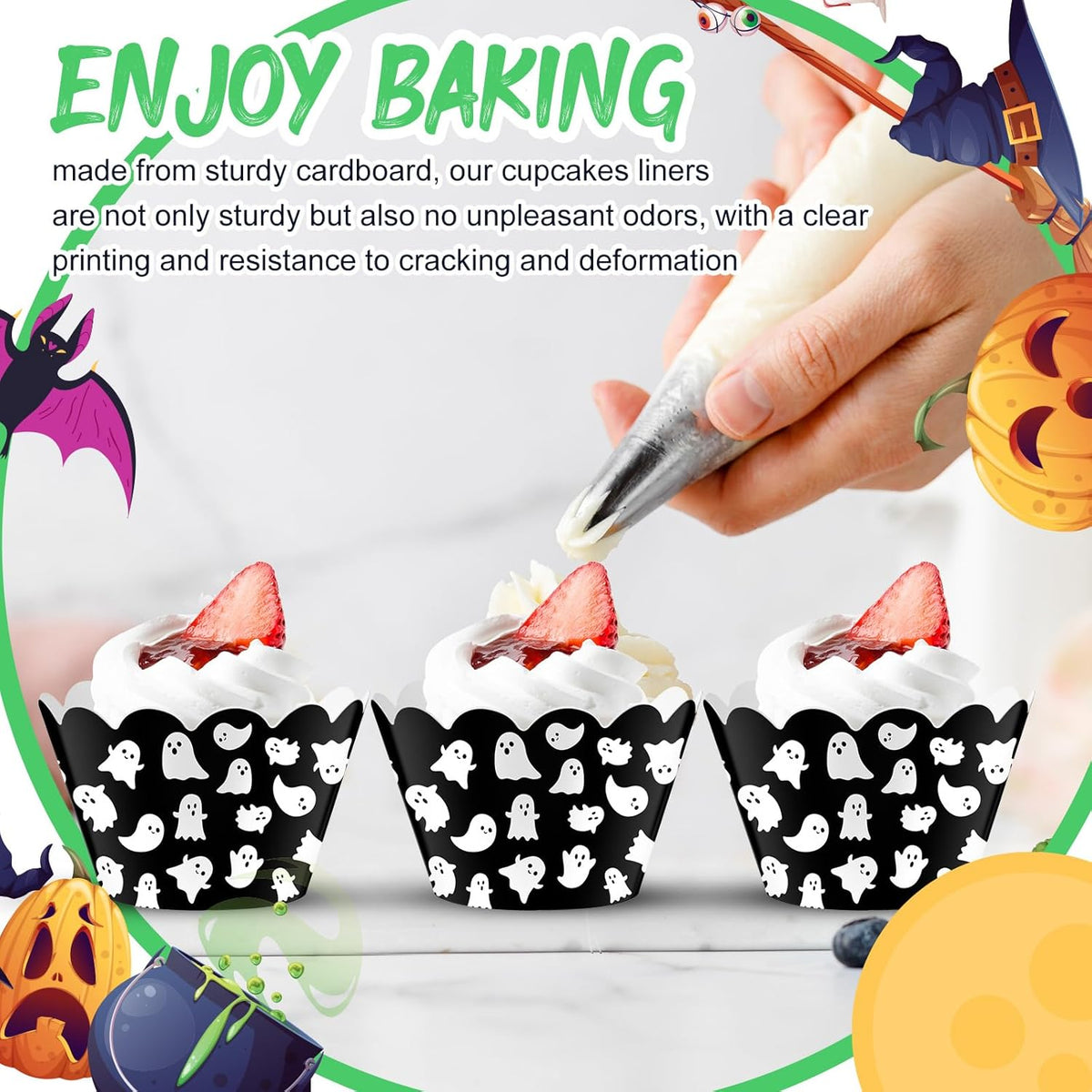 Domensi 100 Pcs Halloween Ghost Cupcake Wrappers Cupcake Liners Ghost Baking Cups Baking Liners for