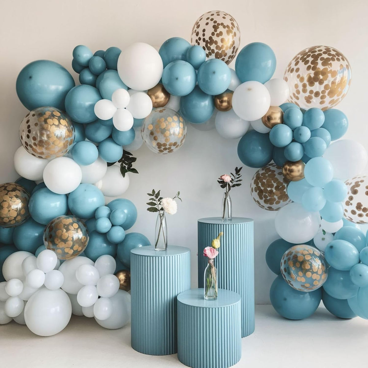 Dusty Blue and Gold Balloons, 12 Inch Blue Gold Balloons, Retro Fog Blue Metallic Golden White