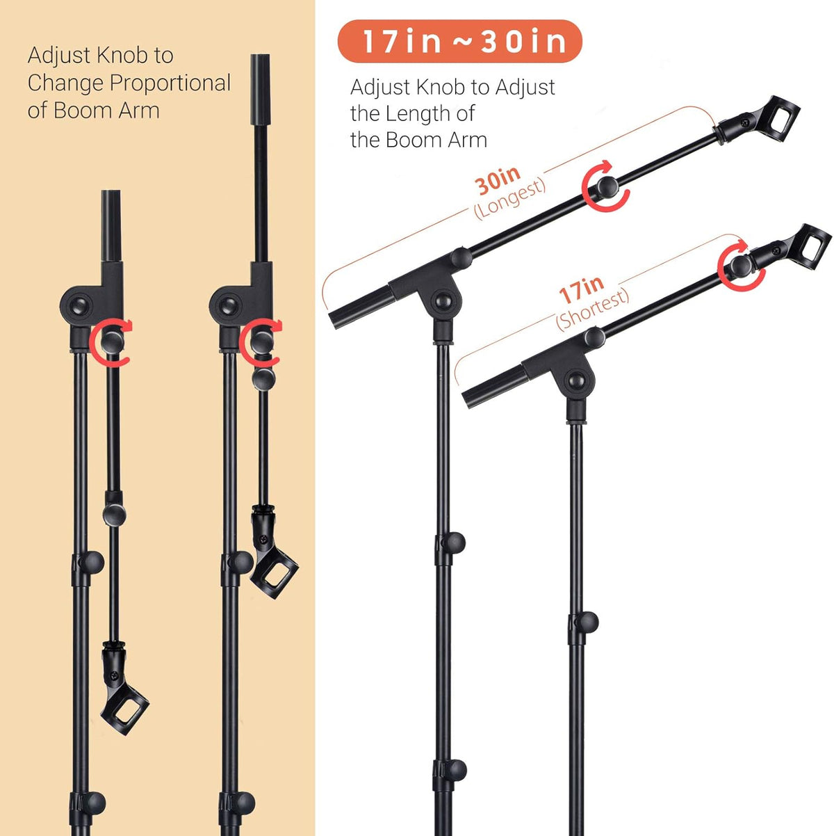 CAHAYA Mic Stand Tripod Boom Arm Floor Microphone Stand Height Adjustable with Carrying Bag and 2