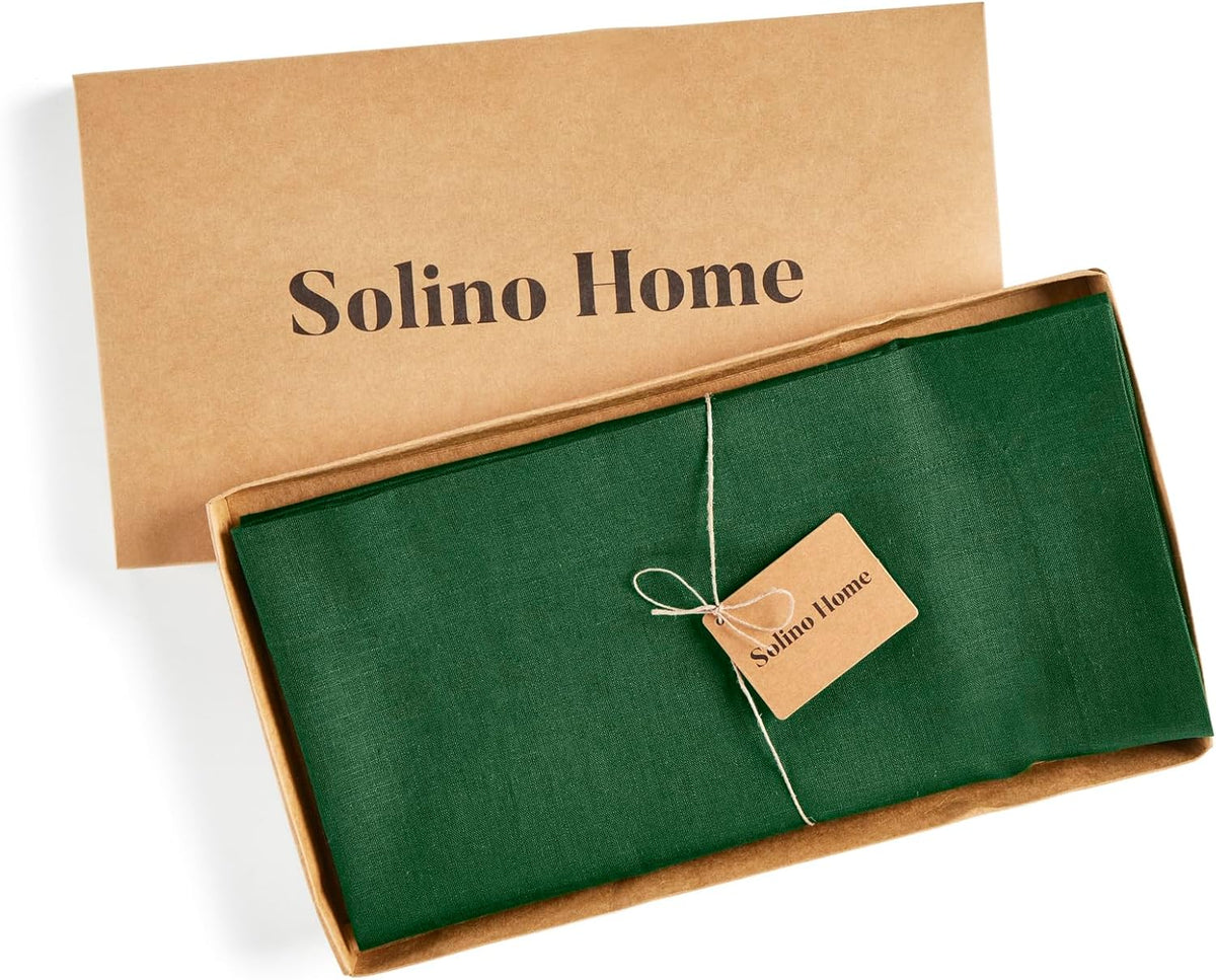Solino Home Linen Square Tablecloth 52 x 52 Inch - 100% Pure Linen Pine Green Table Throw - Fete