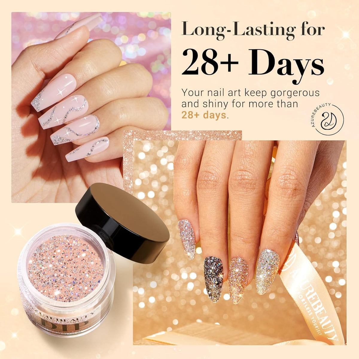 AZUREBEAUTY Dip Powder Nail Set, Silver Pink Black Golden Yellow Glitter Sparkly Shiny Chrome