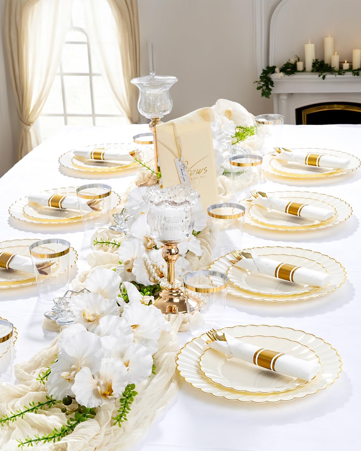 YOUBET 350PCS Ivory Scalloped Plastic Plates - Ivory and Gold Disposable Dinnerware Set Include 100