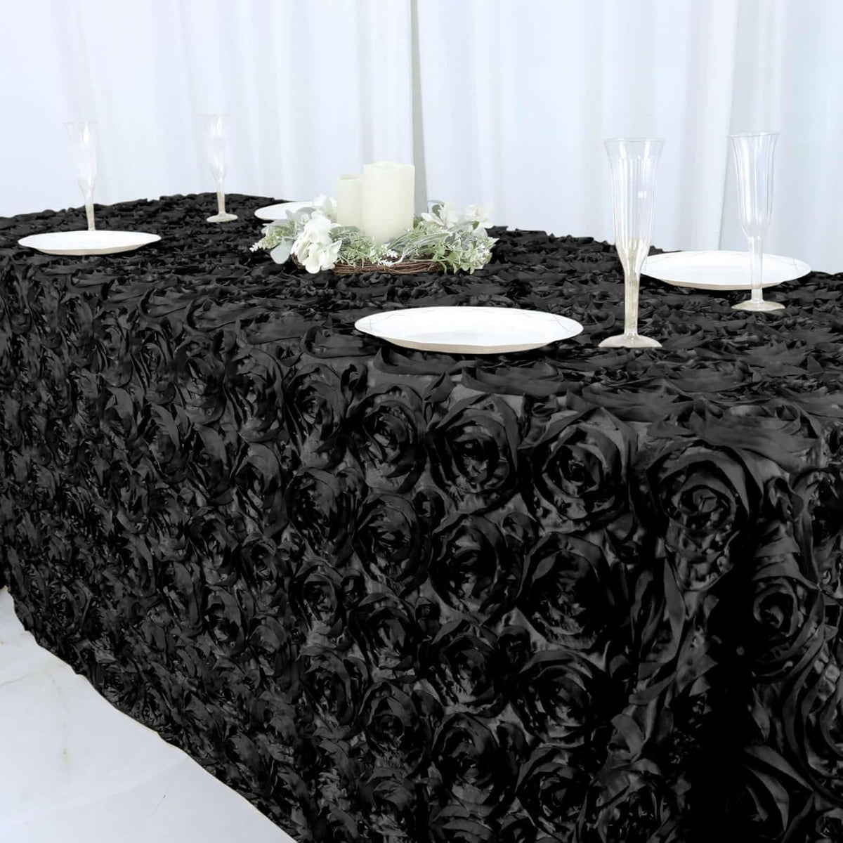 Efavormart 90"x132" Wholesale Rectangle Table Cover Black Grandiose Rosette 3D Satin Tablecloth for