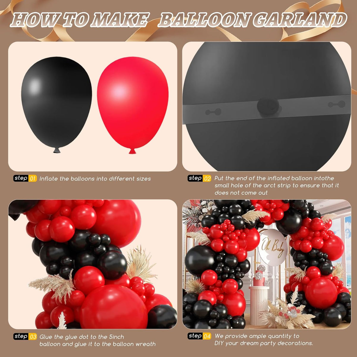 412Pcs Red Black Balloons Garland Arch Kit,18 12 10 5 Inch Different Size Black and Red Balloon