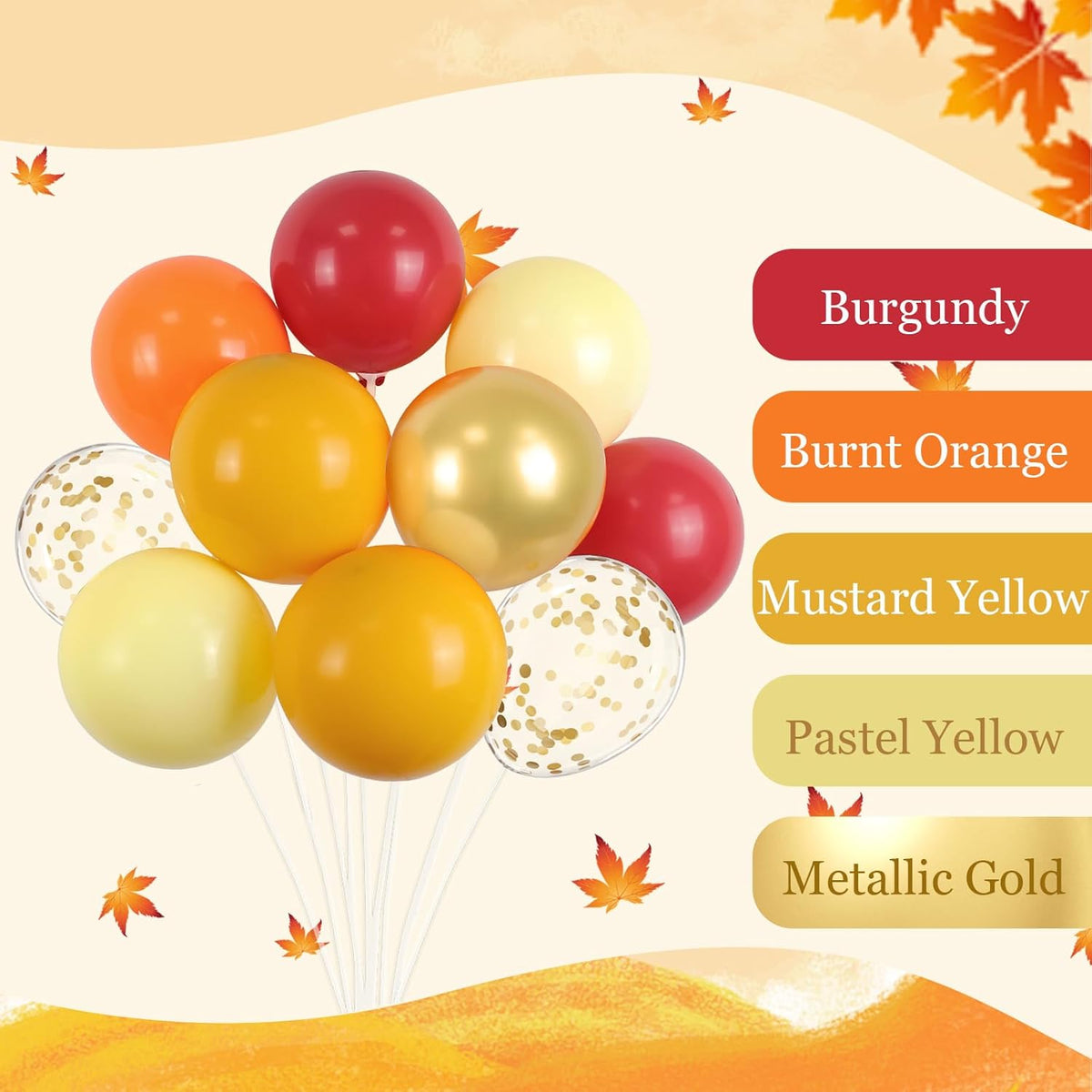 60pcs 12inch Fall Thanksgiving Balloons with Burgundy Burnt Orange Pastel Mustard Yellow Metallic