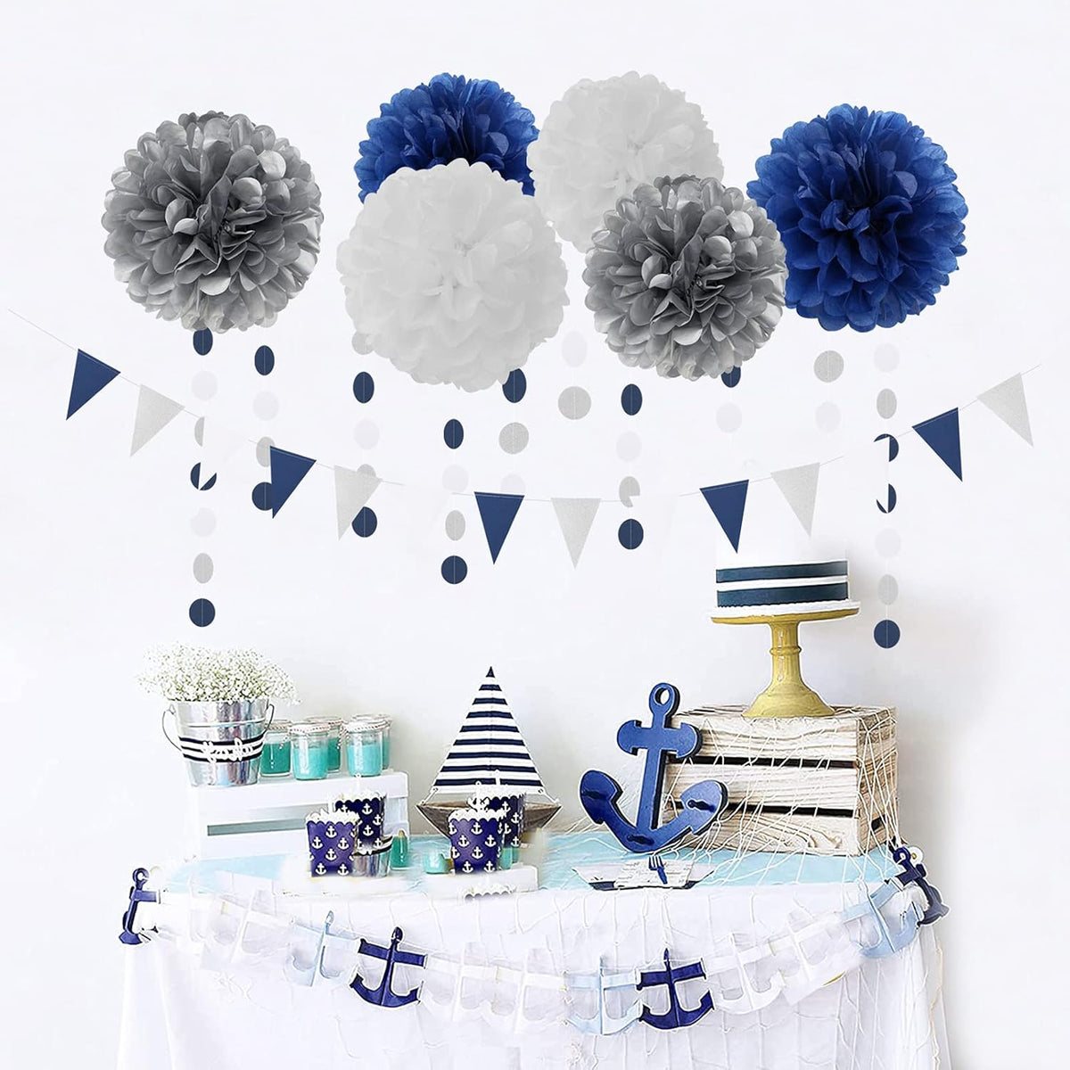 Navy Blue White Silver Party Decorations,23pcs Kit Graduation 2025 Tissue Paper Pom Poms