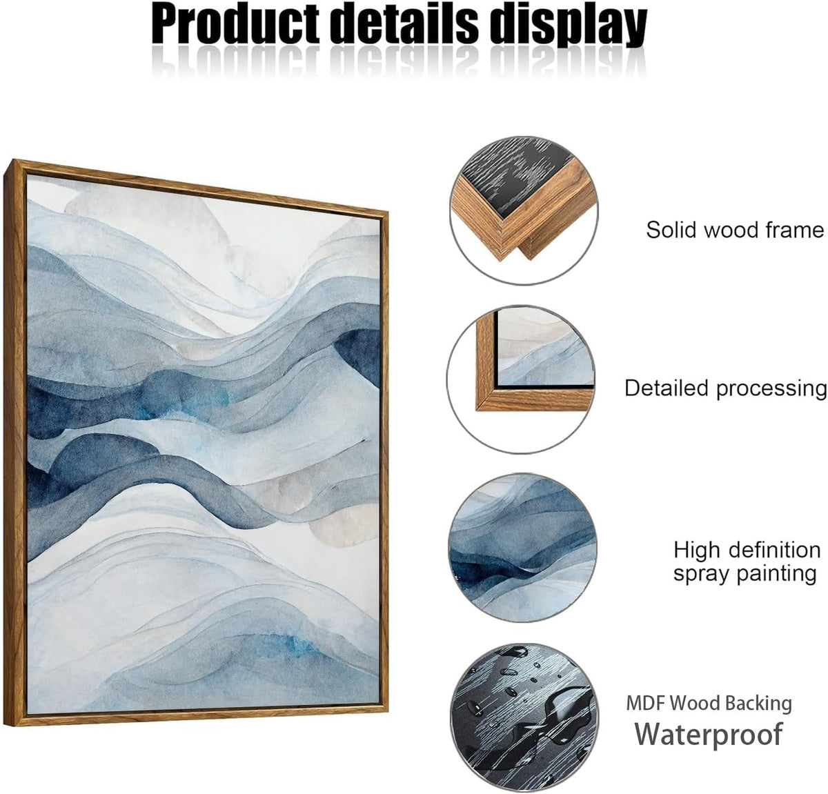 myusuar 3 Piece Large Abstract Framed Wall Art For Living Room, Smoke Texture Ink Navy Blue Canvas