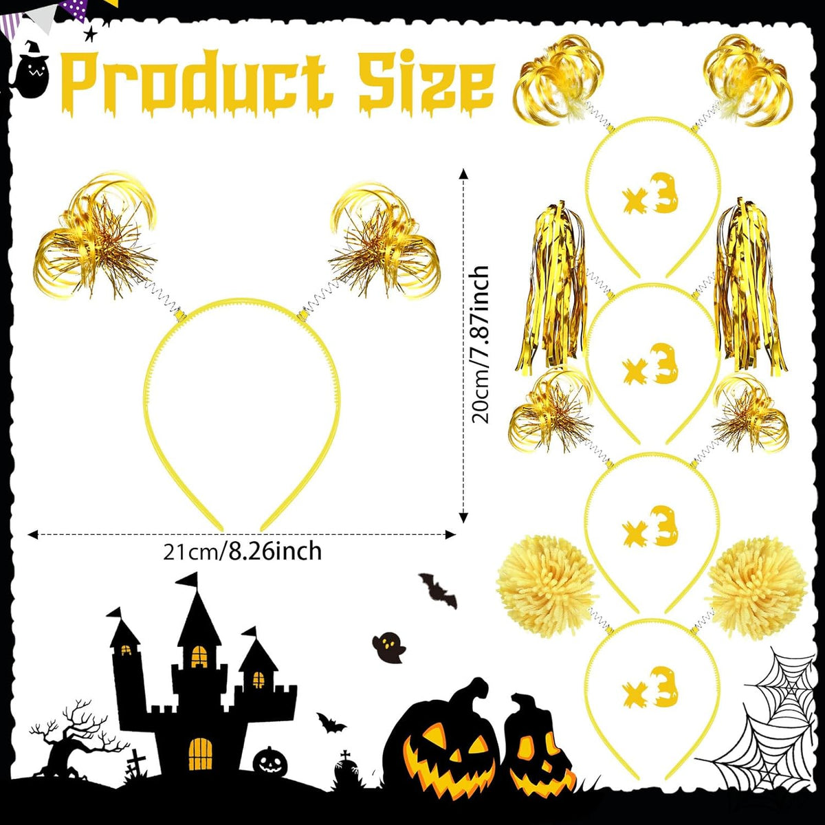 Censen 12 Pcs Halloween Pom Pom Party Headbands Tinsel Ponytails Spirit Head Bopper Headwear for