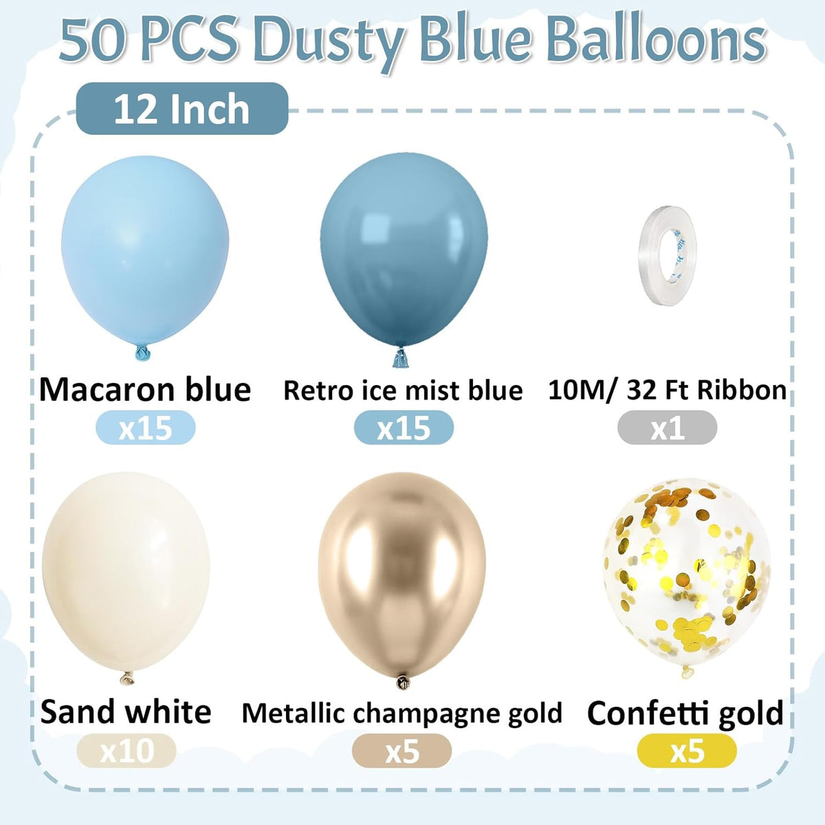 Paready Dusty Blue Balloons, 50 Pcs Gold White Balloons, 12 Inch Sand White Retro Ice Mist Macaron