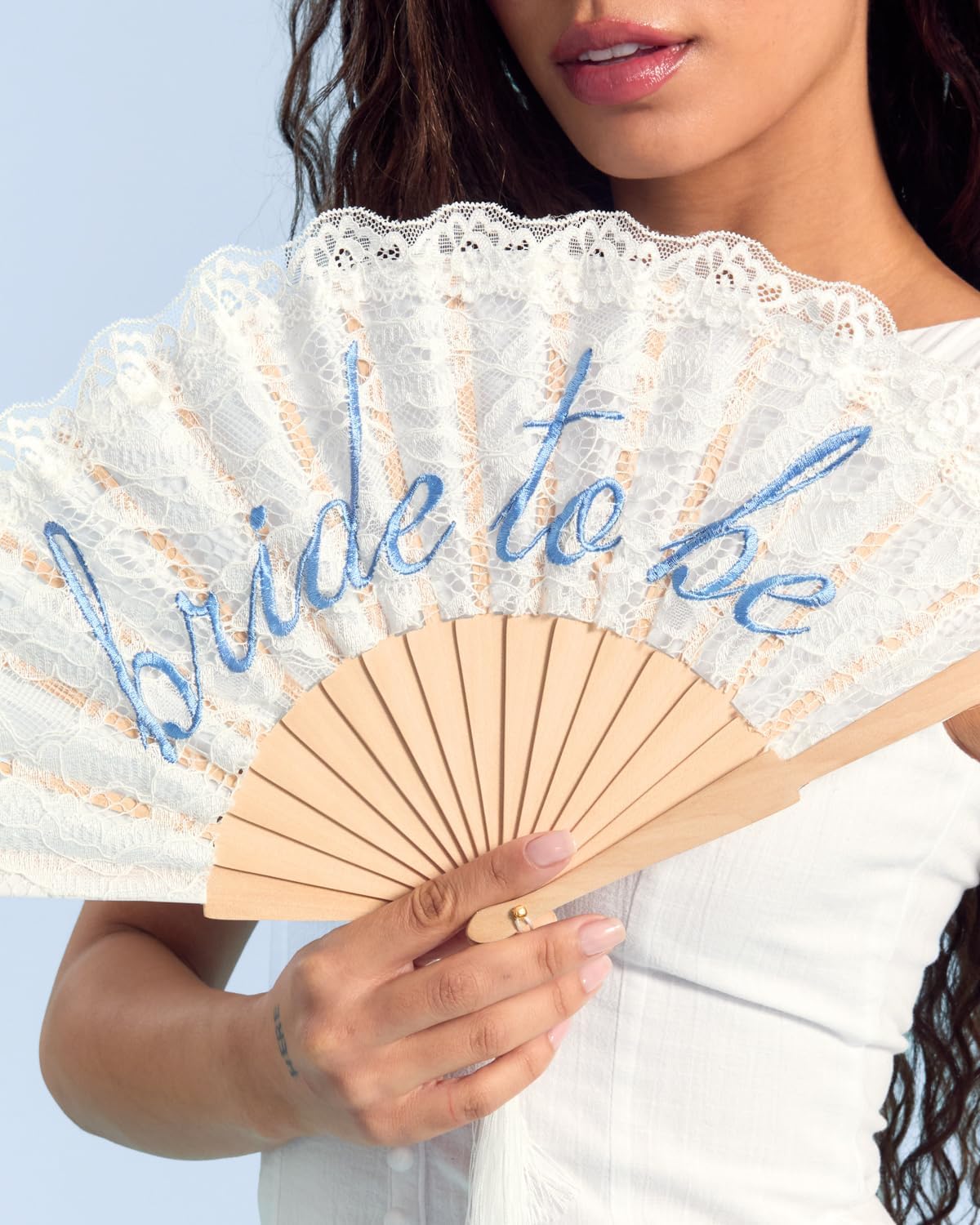 xo, Fetti White Lace Bride to Be Folding Fan | Bridal Something Blue, Wedding Accessory, Bridesmaid