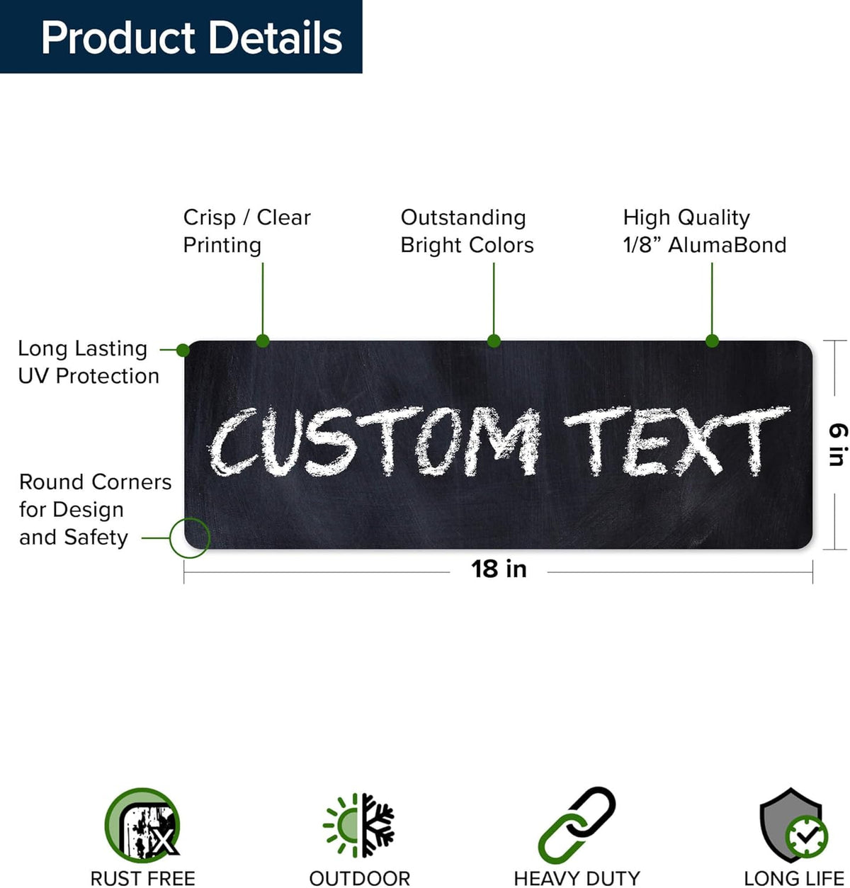 Custom Sign, Custom Street Sign, 11 Font Colors, 13 Font Styles, 4 Hole Options, 22 Sizes, 6x18