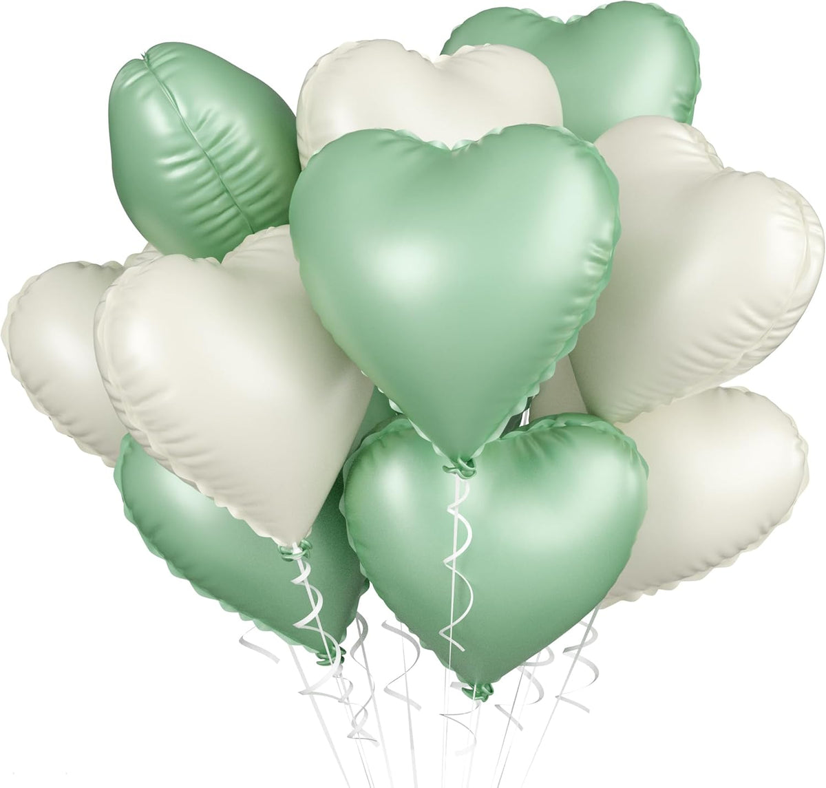 Sage Green White Heart Balloons, 10PCS Green Beige Foil Heart Balloons, 18inch Olive Green Cream