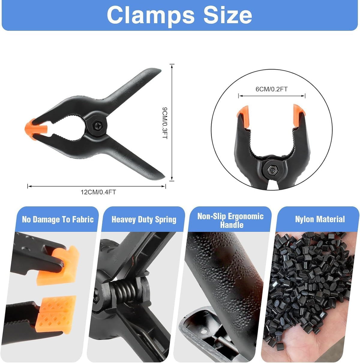 6 Pack 4.5 Inch Heavy Duty Spring Clamps + 6 Pack Backdrop Clips, Elastic Nylon Backdrop Clamps