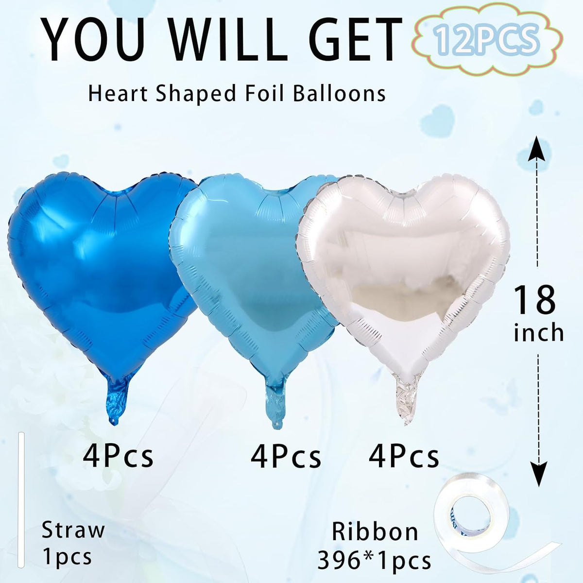 Silver Heart Balloons,18inch Bright Blue Heart Shaped Foil Balloons & Blue Helium Mylar Balloon for