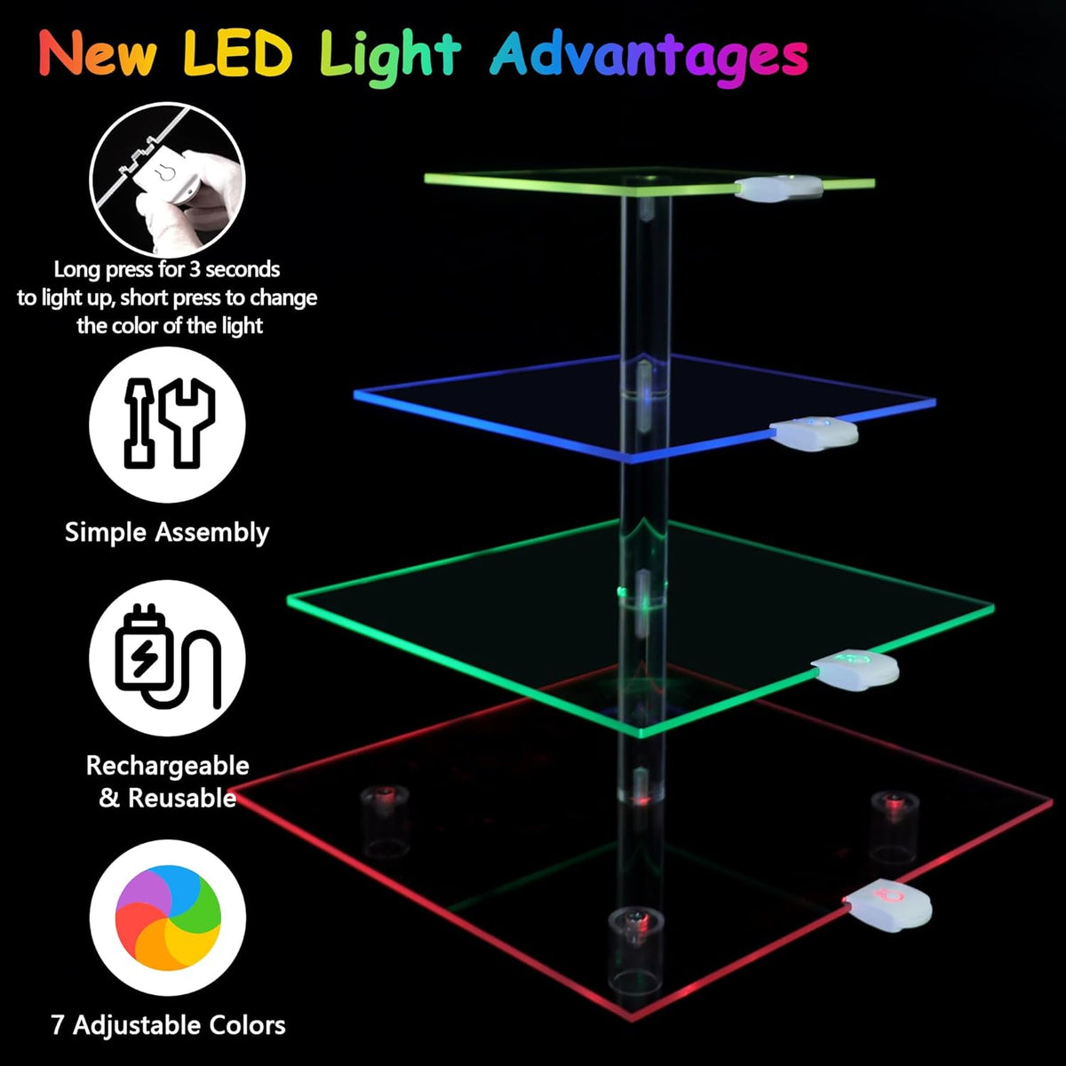 Rechargeable LED Cupcake Stand for 50 Cupcakes, 7 Colors Light Clear Cupcake Holder, 4 Tier Cupcake