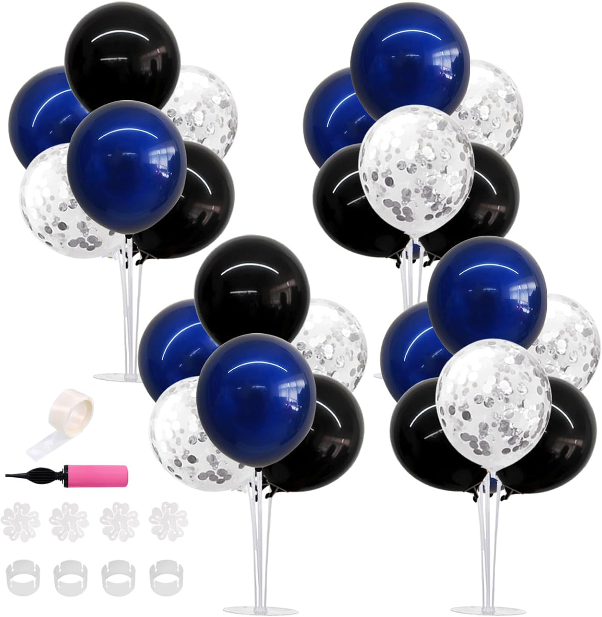 TONIFUL 4 Set Black Blue Silver Confetti Balloon Centerpieces for Table,Balloon Stand Kit for