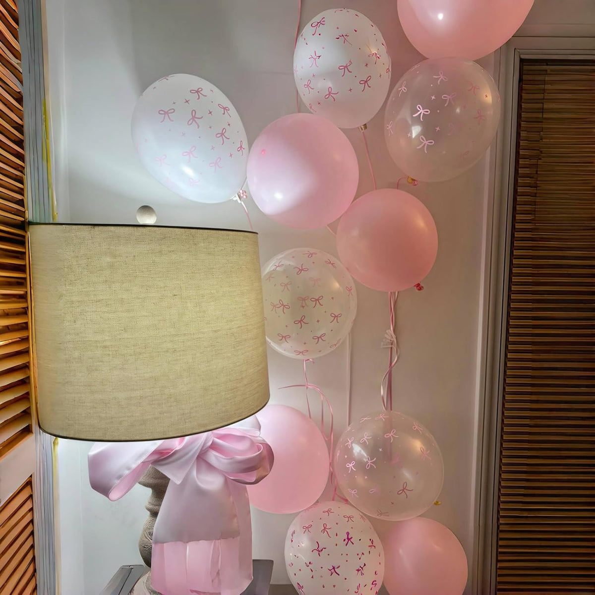 Pink Bow Balloons, 12 Inch Pastel Light Pink Transparent White Bow Print Coquette Balloon for Girls