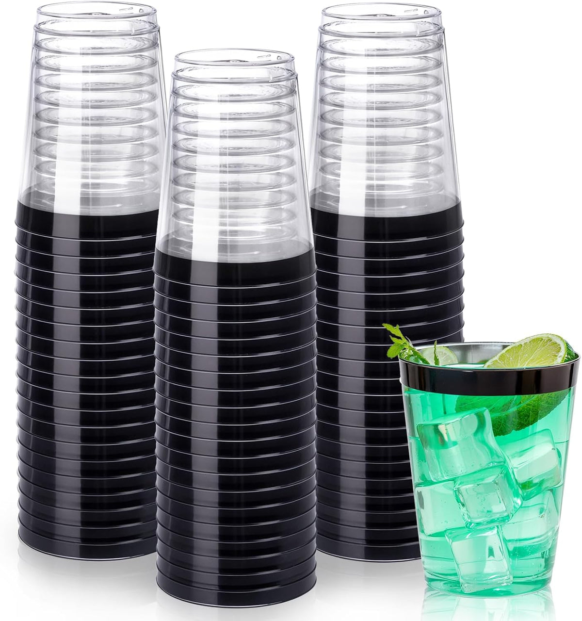 DaYammi 100 Pack Black Plastic Cups 10Oz Clear Disposable Cups with Black Rim, Clear Cocktail Cup