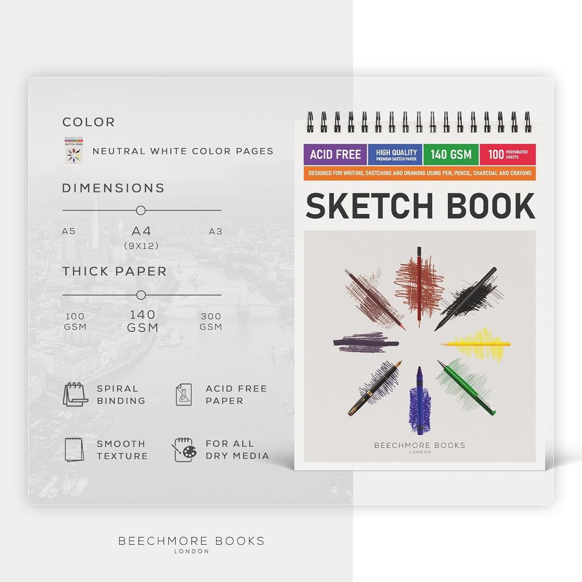 BEECHMORE BOOKS 9x12 Spiral Sketchbook ??140 GSM Acid-Free Paper, 100 Perforated Pages, A4 Art