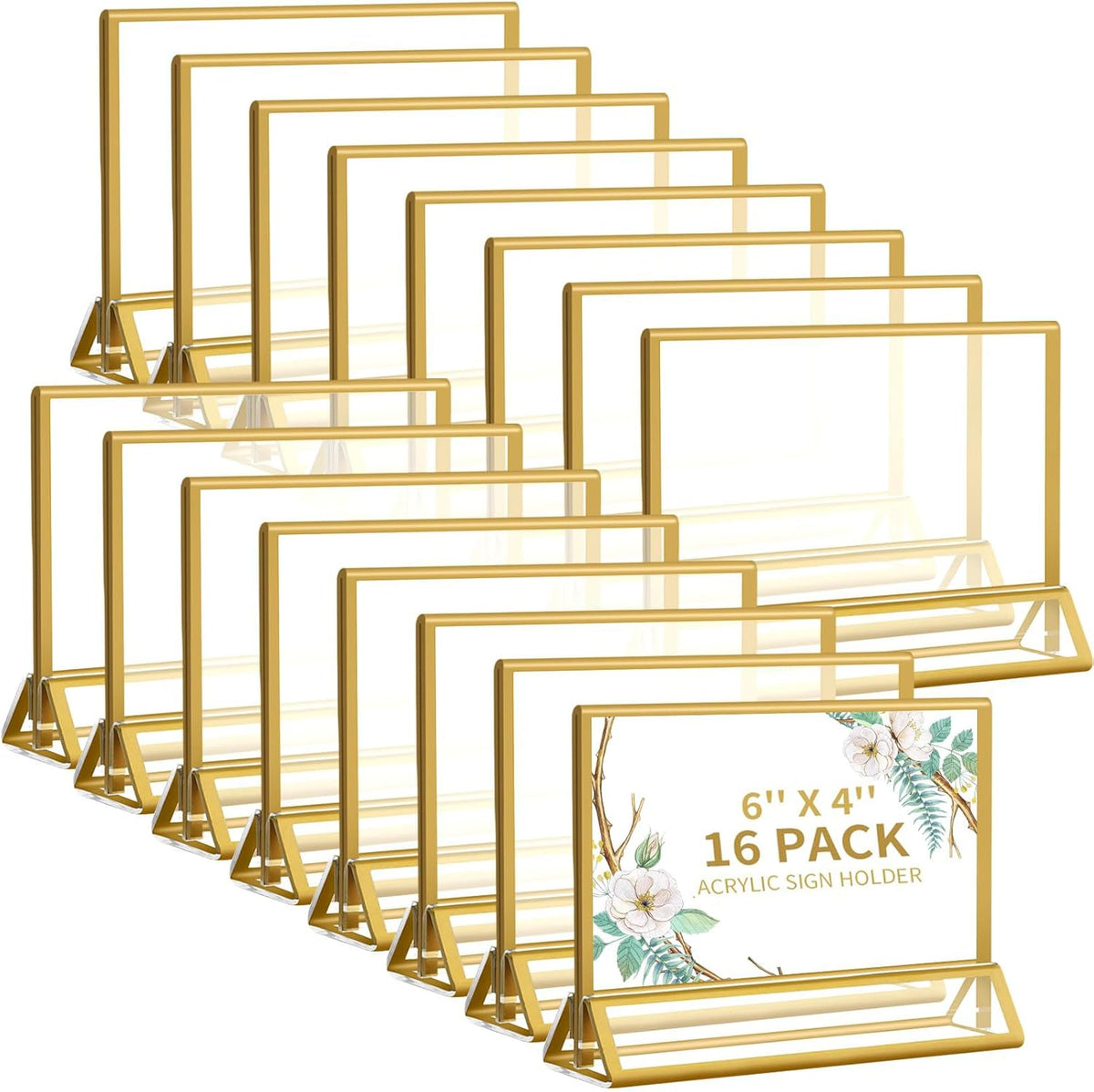 Smarpau 6x4 Gold Acrylic Sign Holder, 16 Pack Wedding Table Number Holders with Horizontal Stand
