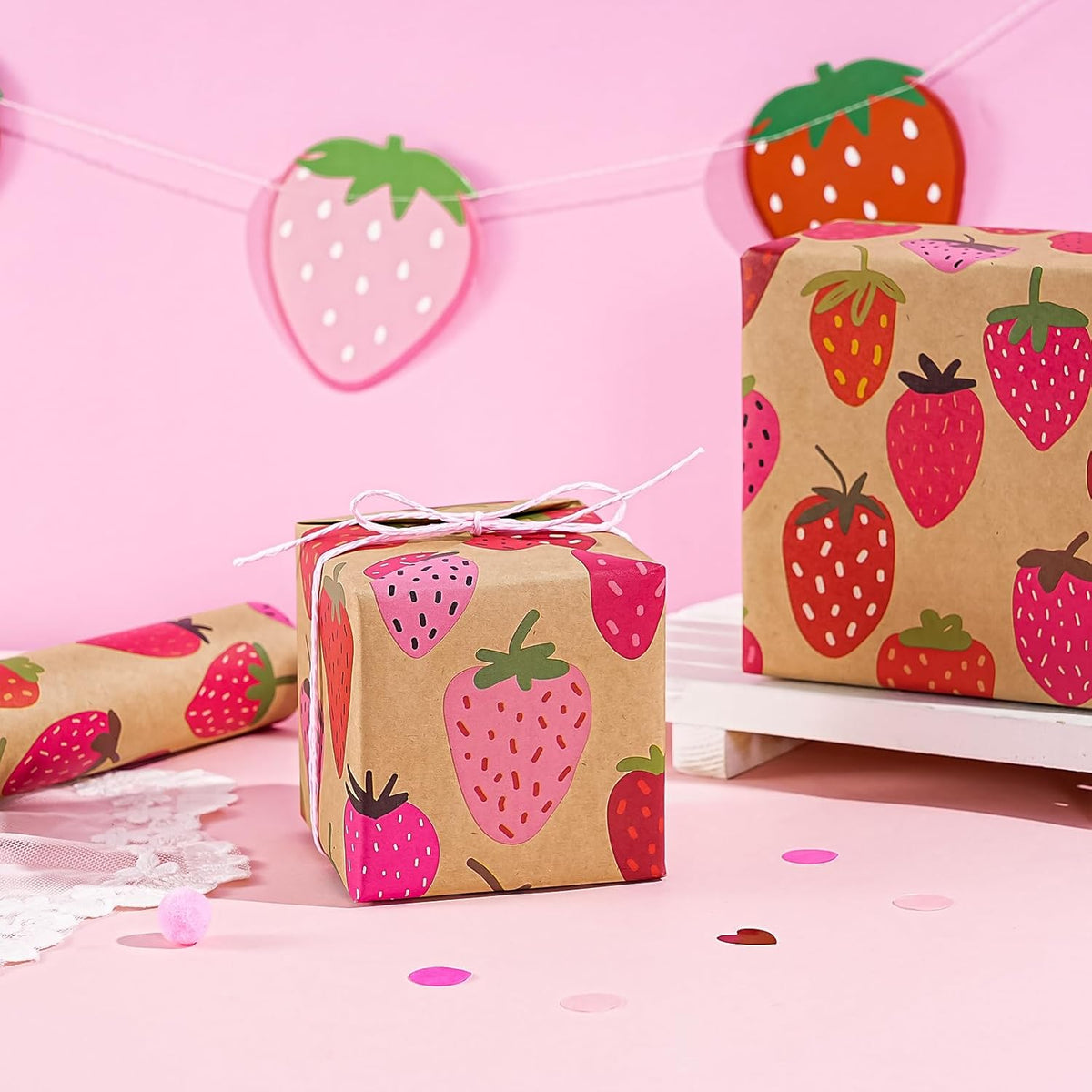 WRAPAHOLIC Kraft Strawberry Wrapping Paper Roll - Mini Roll - 17 Inch x 16.5 Feet - Sweet