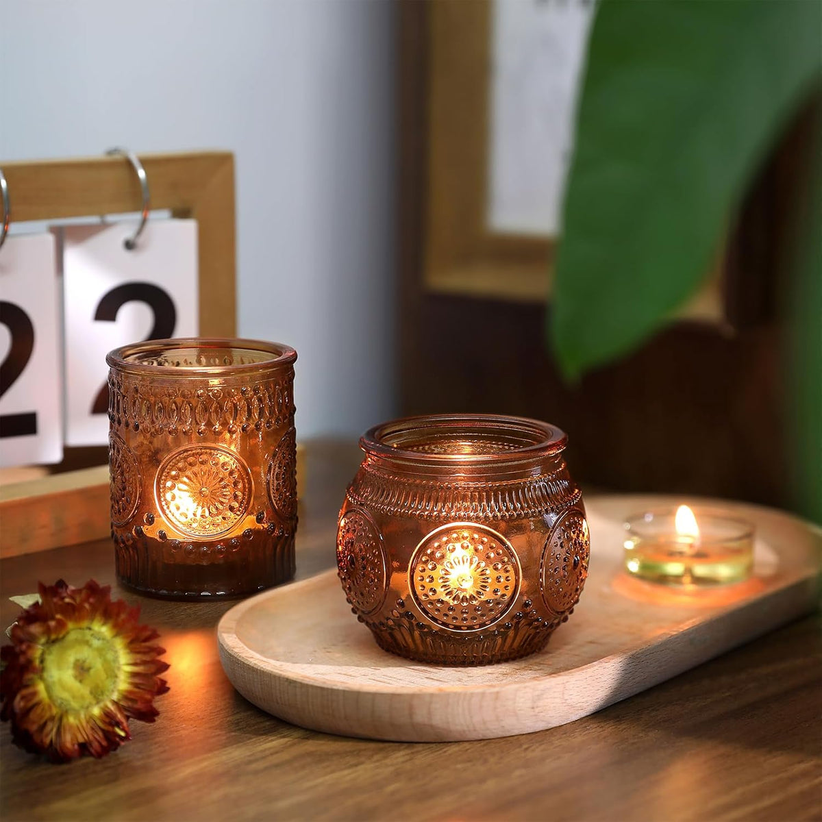 DARJEN 24Pcs Amber Votive Candle Holders - Vintage Glass Candle Holder, Candle Holders Bulk for