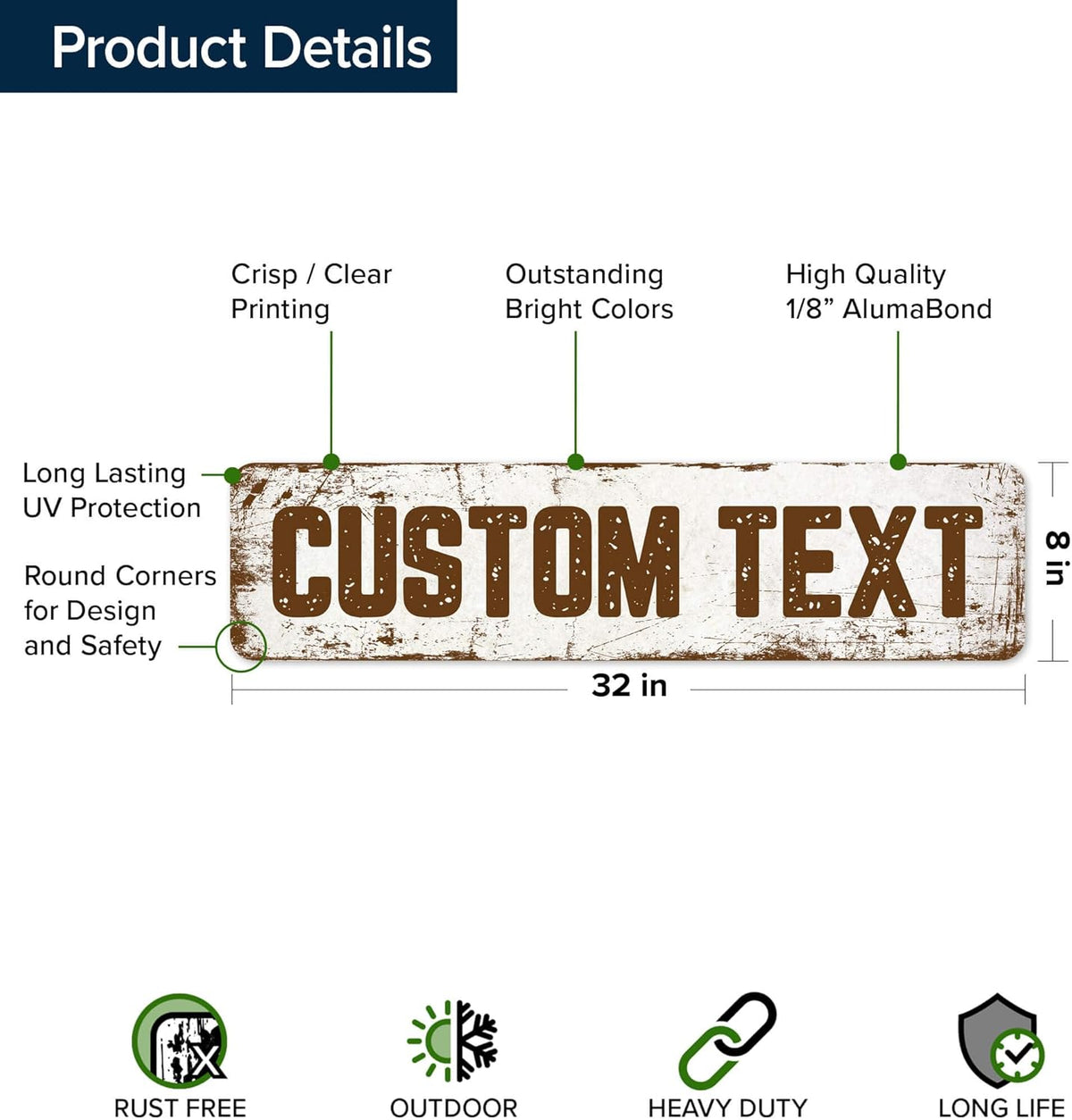 Custom Sign, Custom Street Sign, 11 Font Colors, 13 Font Styles, 4 Hole Options, 22 Sizes, 8x32