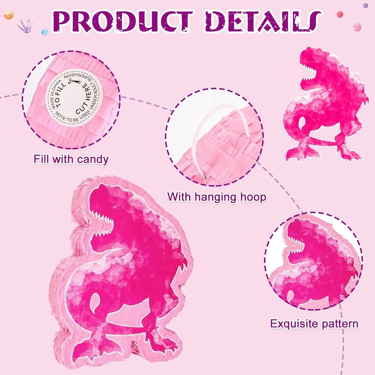 WERNNSAI Dinosaur Piñata - Watercolor Pink Dinosaur Piñata Birthday Piñata with Stick and Blindfold