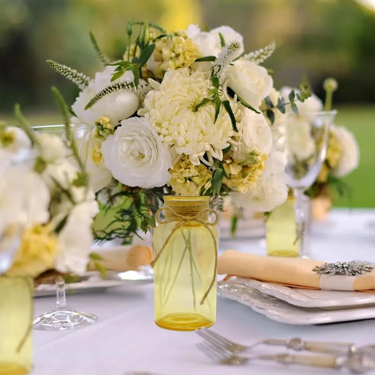 Vintage Glass Flower Vase，6 Pack Gold Amber Farmhouse Glass Centerpiece Vases Mason Jars for