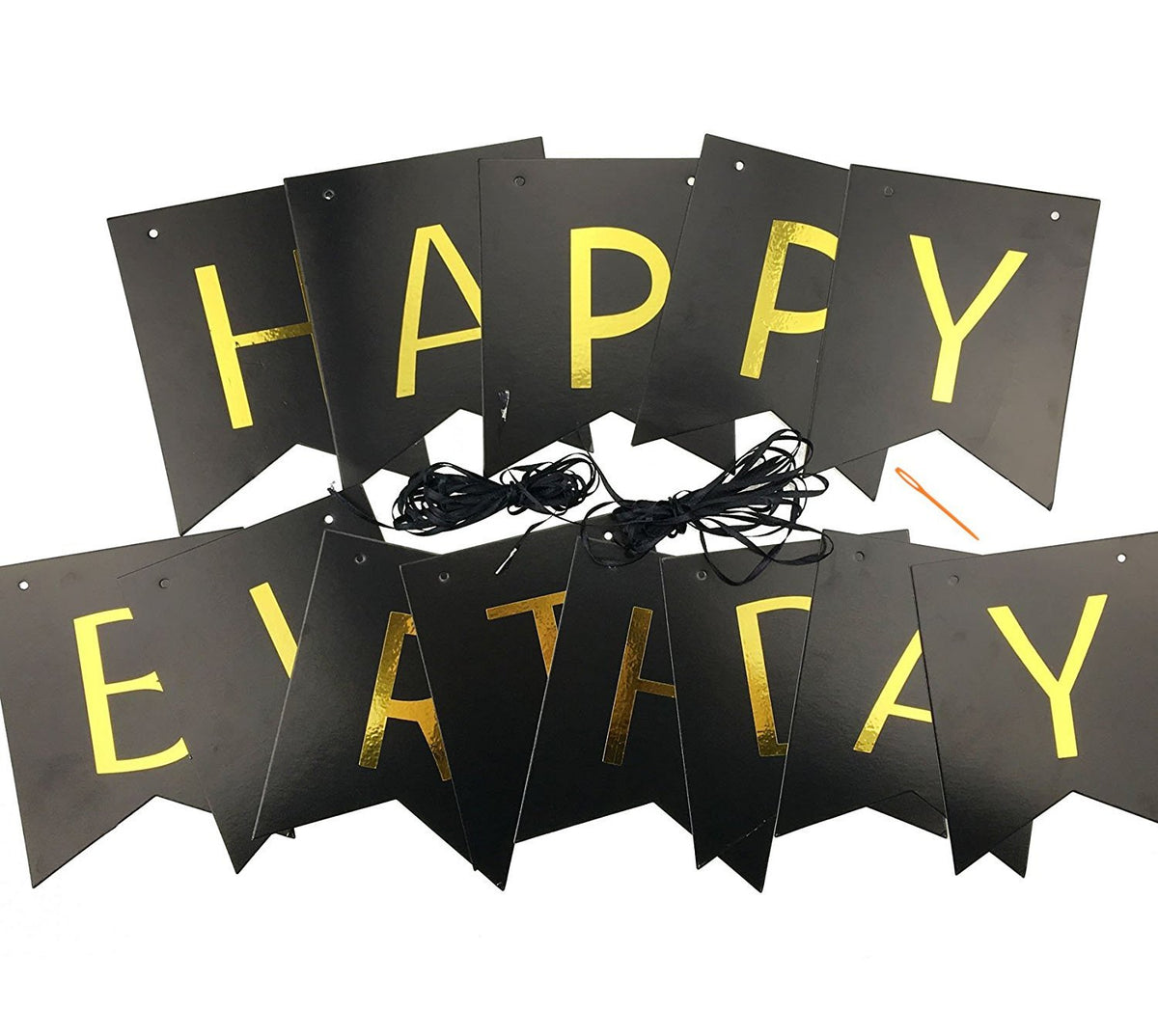 Fecedy Black Happy Birthday Bunting Banner with Shiny Gold Letters Pre-Strung No DIY for Birthday