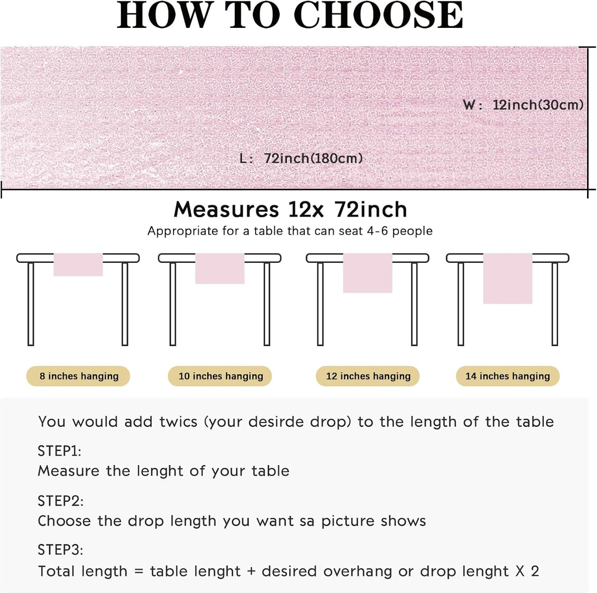 2 Packs 12 x 72 inches Sequin Table Runner, Pink Glitter Table Runner for Birthday Party Supplies