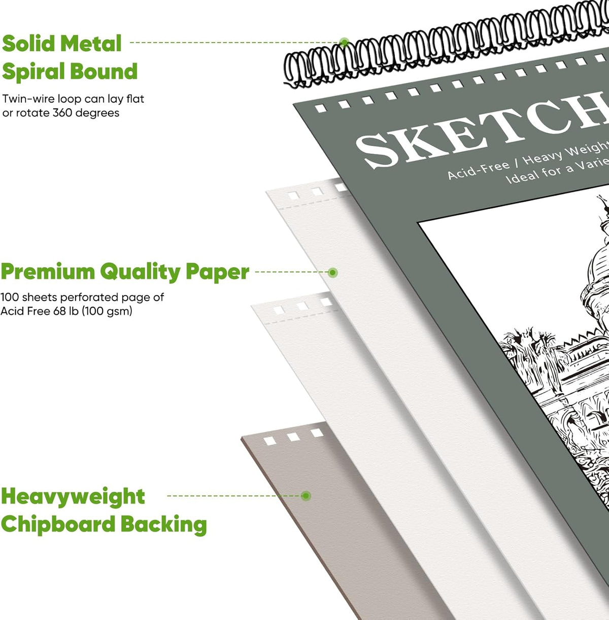 Soucolor 9" x 12" Sketch Book, Back to School Supplies, 1-Pack 100 Sheets Spiral Bound Art