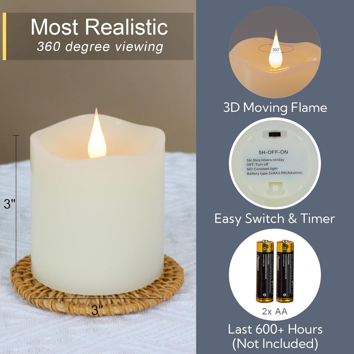 Flameless Candles Battery Operated with Remote Timer, 3D Moving Flame Flickering, Last 600+ Hours