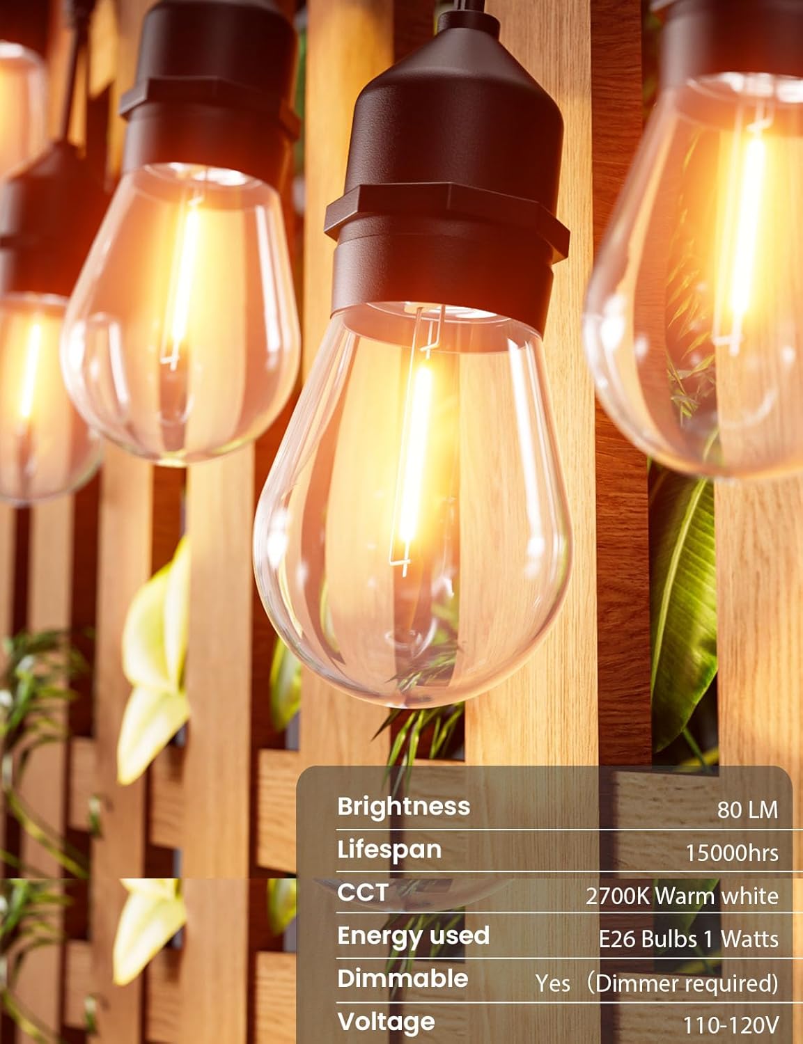 Svater Outdoor String Lights 150FT, E26 Socket, 48pcs S14 Shatterpoof Bulbs, 1 Watt Dimmable 2700K