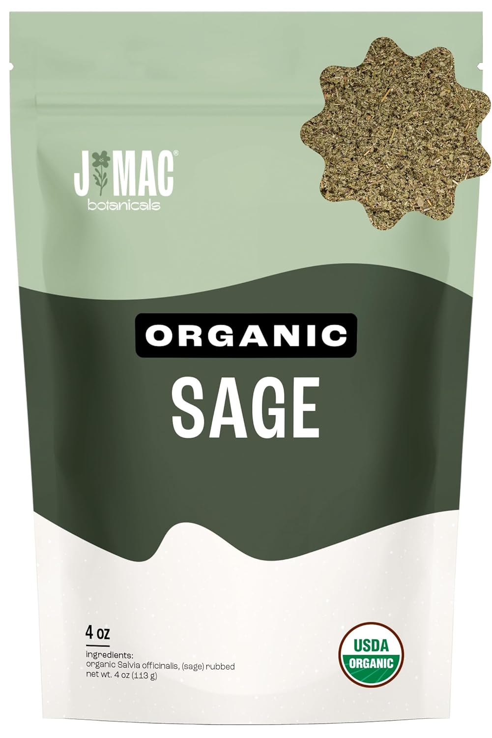 J Mac Botanicals, Organic Rubbed Sage (4 oz), Certified USDA Organic, Dried Rubbed Sage Leaf.