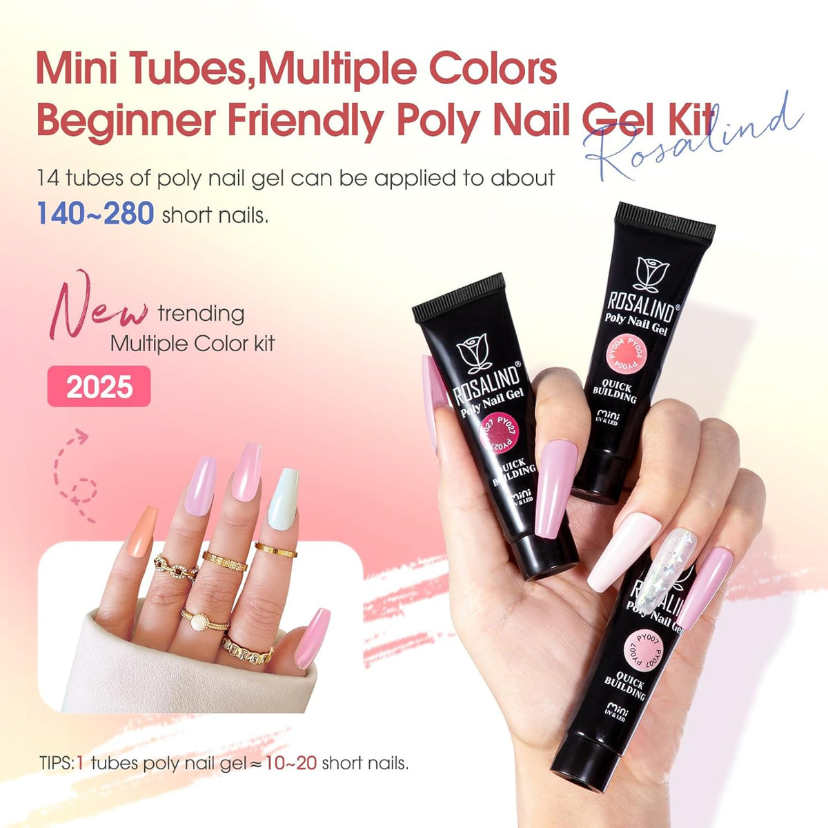 Poly Nail Gel Starter Kit -14 Colors + 75 Nails Art Accessories Kits, ROSALIND Nue Clear Poly