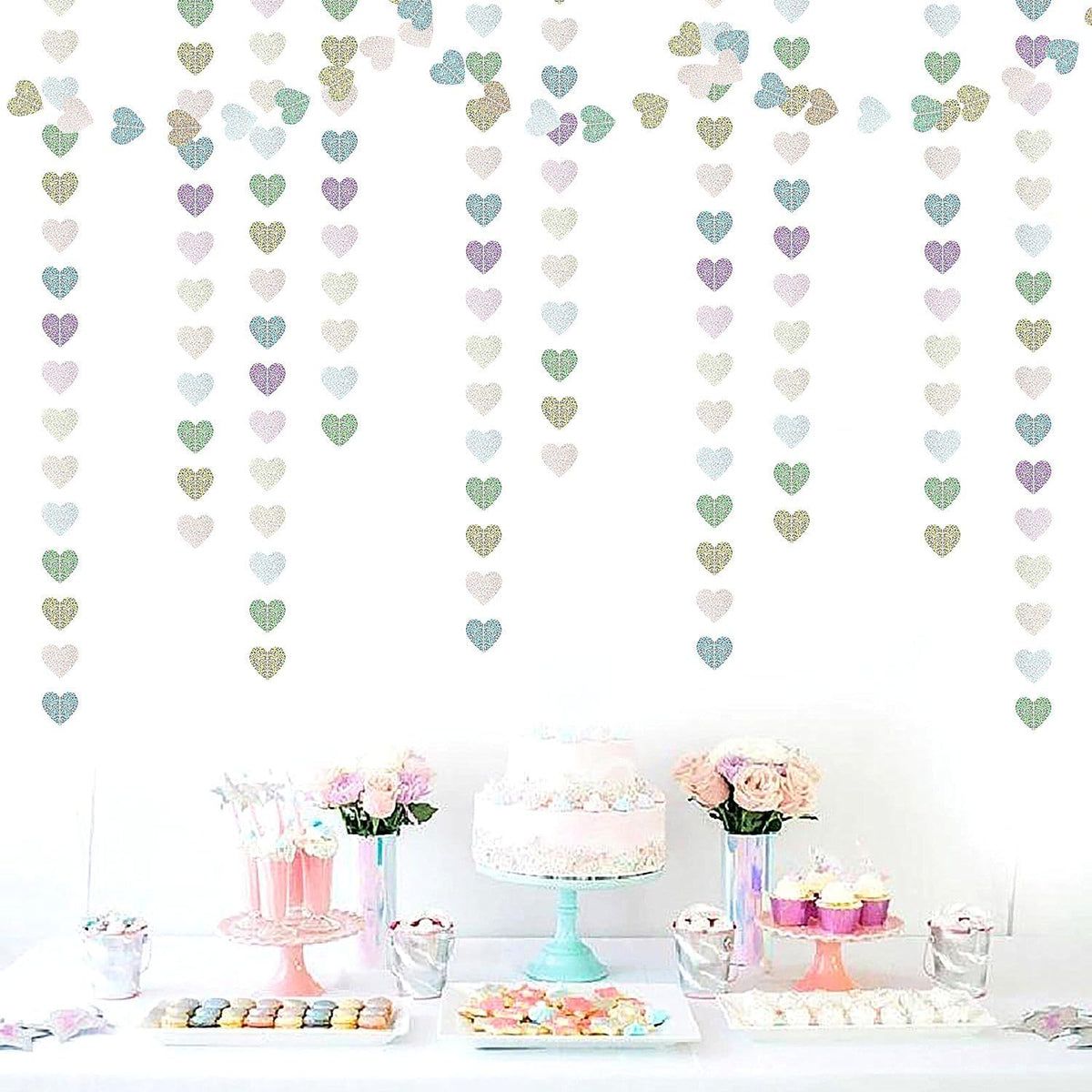Iridescent Disco-Holographic Party-Decorations Heart Streamers-Garland - 52ft Glitter Dance Hanging
