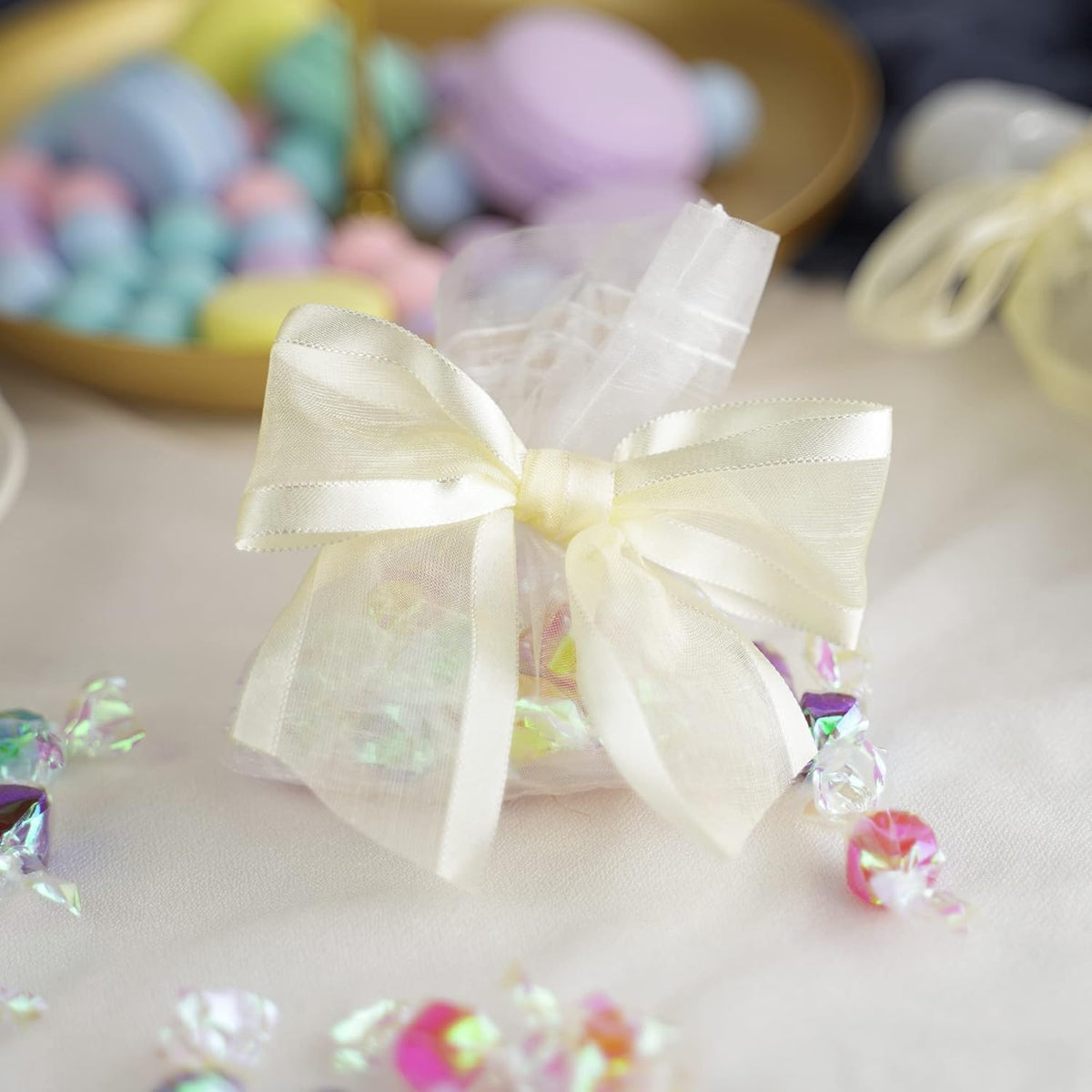 AIMUDI Ivory Bows for Weddings 4" Organza Bows Premade Twist Ties Bows for Gift Wrapping Crafts