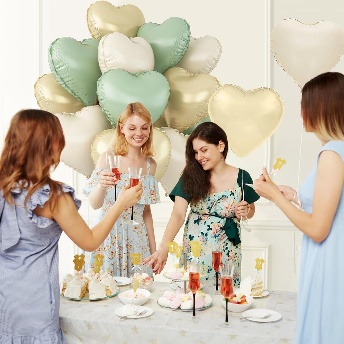 Sage Green Gold Heart Balloons,12Pcs Light Gold Heart Shaped Foil Balloons,18Inch Cream White