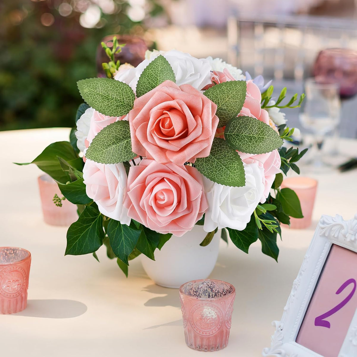 AmyHomie 25pcs Real Looking Artificial Shades of Blush Roses w/Stem for DIY Wedding Bouquets