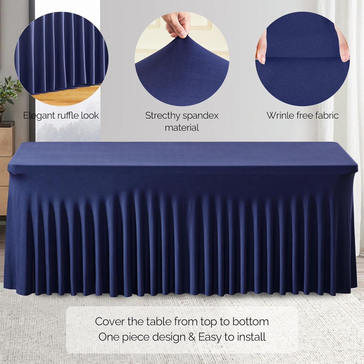 6 Pack Navy Blue Stretch Spandex Table Clothes for 6 Foot Rectangle Tables, 6FT Wrinkle Free Fitted