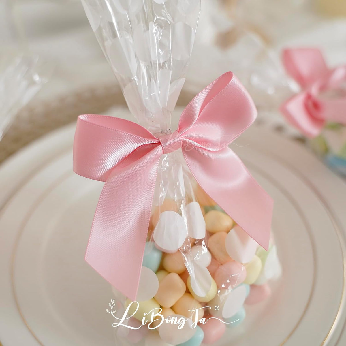 3.5" Pink Bow Satin Pre-Tied Bows for Gift Wrapping, Small Bows for Crafts, Premade Bows, Candy